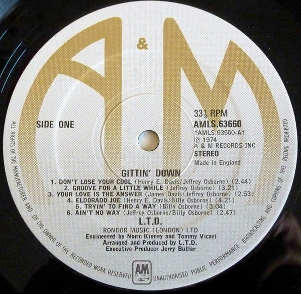 Image of Label Cover of LP - VG/VG - L.T.D., Gittin' Down (A&M Records; AMLS 63660, UK 1974), Solid VG across the board.,  - 3816383C