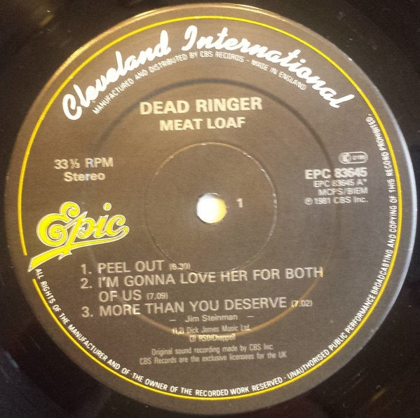 Image of Label Cover of LP - VG/VG+ - MEAT LOAF, Dead Ringer (Epic; EPC 83645, UK 1981, White Insert), ,  - 3816283C