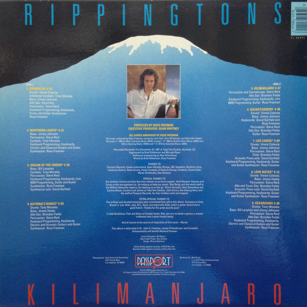 Image of Back Cover of LP - G+/G+ - RIPPINGTONS FEATURING RUSS FREEMAN, Kilimanjaro (Passport Jazz; PJ 88042, US 1988), Two notable marks on B-side. Sleeve has wear and splits at edges / corners; an old sticker on front and staining,  - 3816334C