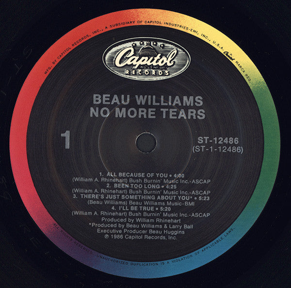 Image of Label Cover of LP - VG/VG+ - BEAU WILLIAMS, No More Tears (Capitol Records; ST-12486, US 1986), Sleeve worn / creased at corners and edges; small stains,  - 3816438C