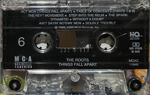 Image of Label Cover of Cassette - VG/VG - THE ROOTS, Things Fall Apart (MCA Records; MCAC-11948, US 1999, Fold Out Sleeve), Some edge wear on fold out and notable wear on cassette shell. ,  - 3856119S