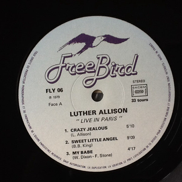 Image of Label Cover of LP - VG/VG - LUTHER ALLISON, Live In Paris (Free Bird; FLY 06, France 1979), Light hairlines. Writing on front and back of sleeve.,  - 3826226E