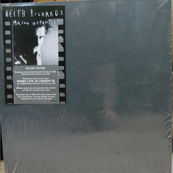 Image of Front Cover of 3xLP - VG+/EX - KEITH RICHARDS, Main Offender (Mindless Records; BMGCAT520DBOX, US 2022 Reissue, Hardback Case Bound Embossed Leather Book Sleeve, Insert, 2 Posters, Bumper Sticker, 180 Gram Vinyl, with 2 CDs, Guitar Pick & more), Still in sealed shrinkwrap with hype sticker but with some splits,  - 3846230S