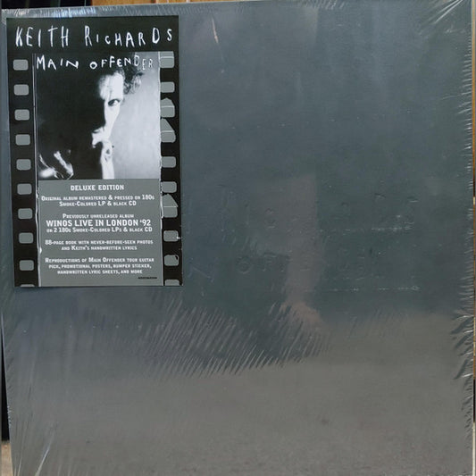 Image of Front Cover of 3xLP - VG+/EX - KEITH RICHARDS, Main Offender (Mindless Records; BMGCAT520DBOX, US 2022 Reissue, Hardback Case Bound Embossed Leather Book Sleeve, Insert, 2 Posters, Bumper Sticker, 180 Gram Vinyl, with 2 CDs, Guitar Pick & more), Still in sealed shrinkwrap with hype sticker but with some splits,  - 3846230S