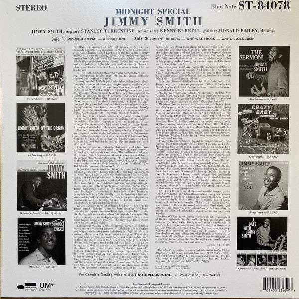 Image of Back Cover of LP - VG+/EX - THE INCREDIBLE JIMMY SMITH, Midnight Special (Blue Note; 5523659, Worldwide 2023 Reissue, Picture Sleeve), ,  - 3826258E