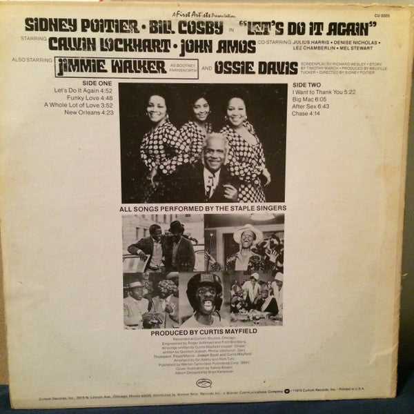 Image of Back Cover of LP - VG/VG - THE STAPLE SINGERS   MUSIC BY CURTIS MAYFIELD, Let's Do It Again (Original Soundtrack) (Curtom; CU 5005, US 1975, Pitman pressing), Light hairlines. Sleeve has cut-out strip, mild ringwear, a little discolouration and a name written on the rear.,  - 3826236E