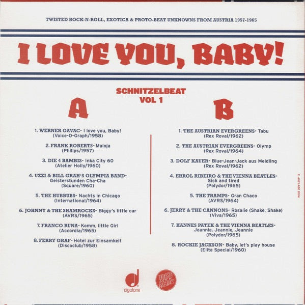 Image of Back Cover of LP - VG+/VG+ - VARIOUS, Schnitzelbeat Volume 1 - I Love You, Baby! (Twisted Rock-N-Roll, Exotica & Proto-Beat Unknowns From Austria 1957-1965) (Digatone; DIG 004, Austria 2014 Reissue, Booklet), Sleeve still in opened shrinkwrap,  - 3816455C