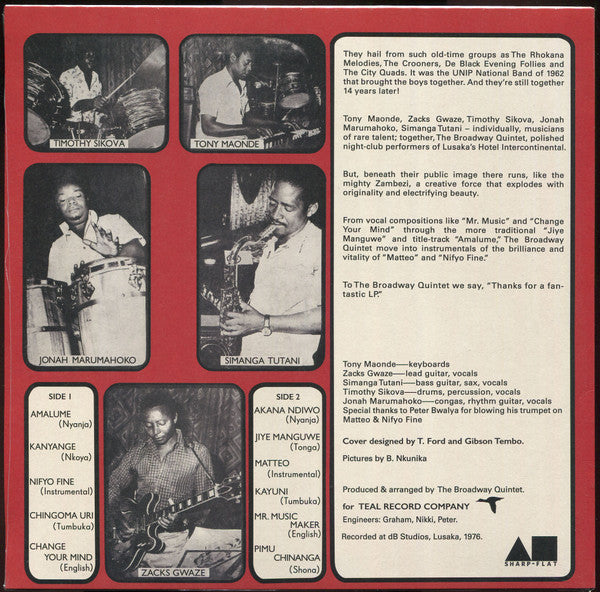Image of Back Cover of LP - VG+/VG+ - THE BROADWAY QUINTET, Amalume (Lekani Mowa) (Sharp-Flat Records; SF14, South Africa 2023 Reissue), Record warped but plays through,  - 3816446C