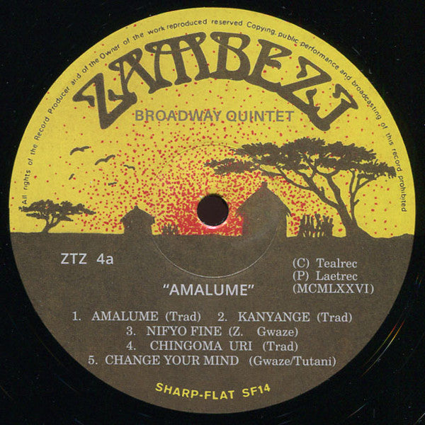 Image of Label Cover of LP - VG+/VG+ - THE BROADWAY QUINTET, Amalume (Lekani Mowa) (Sharp-Flat Records; SF14, South Africa 2023 Reissue), Record warped but plays through,  - 3816446C
