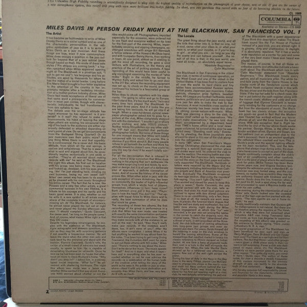 Image of Back Cover of LP - VG/VG - MILES DAVIS, In Person, Friday Night At The Blackhawk, San Francisco, Volume I (Columbia; CL-1669, US 1961), Light hairlines,  - 3826246E