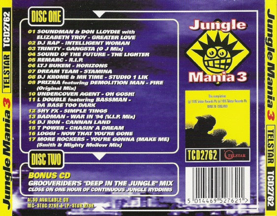 Image of Back Cover of 2xCD - VG+/VG - VARIOUS, Jungle Mania 3 (Telstar; TCD2762, UK 1995, Double CD Case), ,  - 3816421C