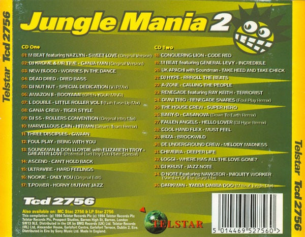 Image of Back Cover of 2xCD - VG+/VG - VARIOUS, Jungle Mania 2 (Telstar; Tcd 2756, UK 1994, Fatbox Jewel Case, Booklet), ,  - 3816424C