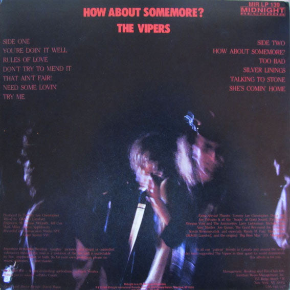 Image of Back Cover of LP - EX/VG+ - THE VIPERS, How About Somemore? (Midnight Records; MIR LP 139, US 1988, Insert, With 7", Autographed), Seal opened instore, still in hype stickered shrinkwrap. Storage marks on discs.,  - 3826019E