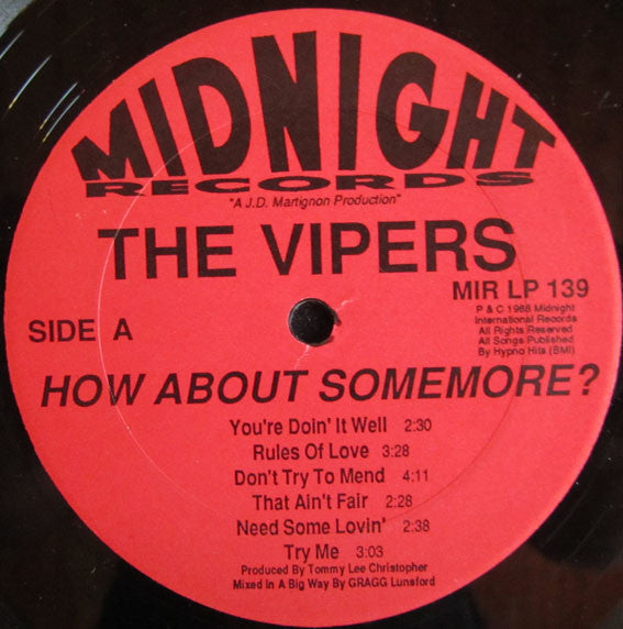 Image of Label Cover of LP - EX/VG+ - THE VIPERS, How About Somemore? (Midnight Records; MIR LP 139, US 1988, Insert, With 7", Autographed), Seal opened instore, still in hype stickered shrinkwrap. Storage marks on discs.,  - 3826019E