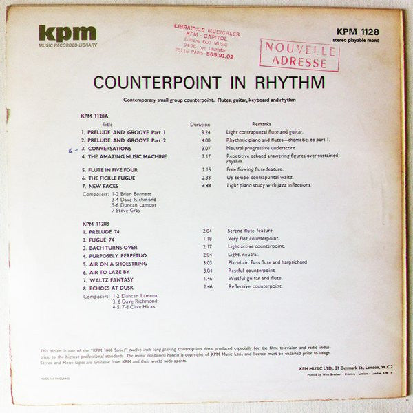 Image of Back Cover of LP - VG/VG - VARIOUS, Counterpoint In Rhythm (KPM Music; KPM 1128, UK 1973), Edge Wear, Light Marks On Side A, Doesn't Affect Play,  - 3846273S