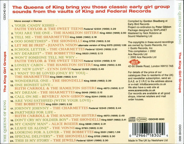 Image of Back Cover of CD - VG+/VG+ - VARIOUS, The Queens Of King (The King Girl Groups) (Ace; CDCHD830, UK 2002, Jewel Case, Booklet), Promo Stamp on Reverse,  - 3816461C