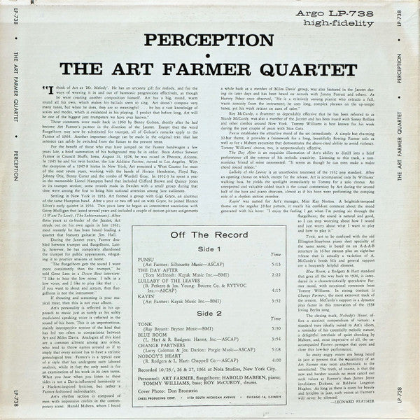 Image of Back Cover of LP - VG/VG - THE ART FARMER QUARTET, Perception (Cadet; CA 738, US 1970s Reissue), General wear and at edges / corners of sleeve. Notched cut-out at bottom. Sticker ghost on front,  - 3816555C