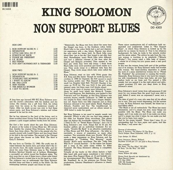 Image of Back Cover of LP - VG/VG - KING SOLOMON, Non Support Blues (Diving Duck Records; DD 4303, Netherlands 1980s), Sleeve has a bumped corner,  - 3816556C