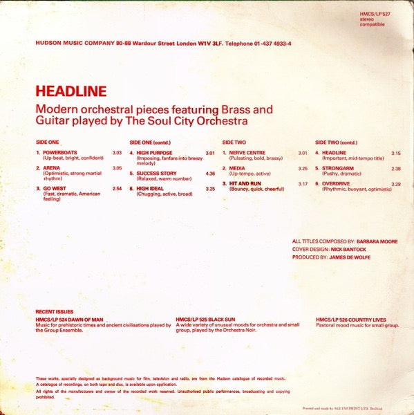 Image of Back Cover of LP - VG/EX - SOUL CITY ORCHESTRA, Headline (Hudson Music Company; HMCS/LP 527, UK 1981), Ring Wear,  - 3846280S