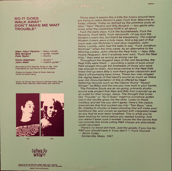 Image of Back Cover of 12" - VG/VG+ - PRIMITIVE SOULS, Primitive Souls (Grown Up Wrong!; WRONG 4, Australia 1987, Hype Stickered Sleeve, Members of the Real Kids), Seam split to bottom edge, ring and edge wear.,  - 3826335E