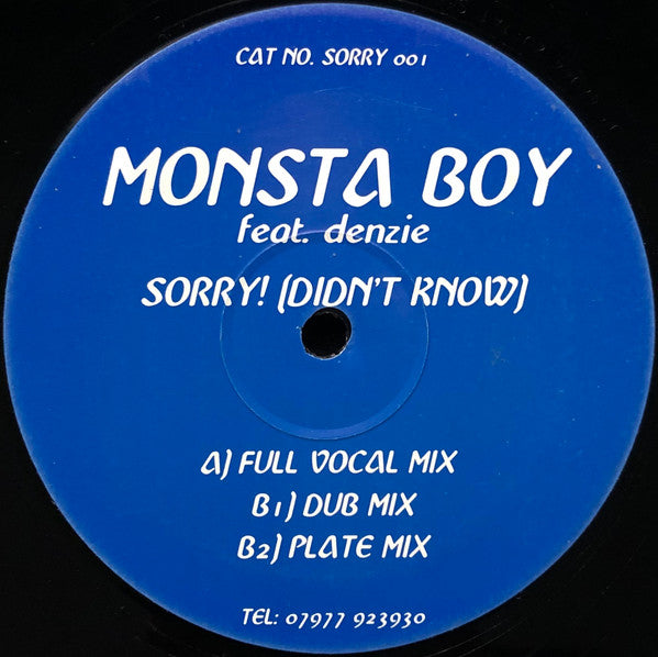 Image of Front Cover of 12" - /G+ - MONSTA BOY FEAT. DENZIE, Sorry! (Didn't Know) (Not On Label; SORRY 001, UK 1999, Plain Sleeve), ,  - 3826292E