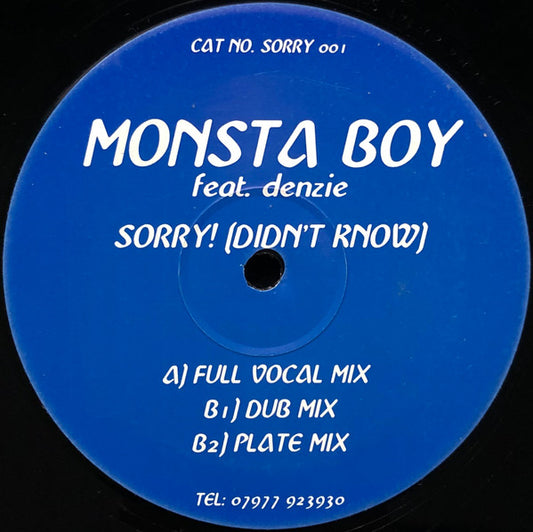 Image of Front Cover of 12" - /G+ - MONSTA BOY FEAT. DENZIE, Sorry! (Didn't Know) (Not On Label; SORRY 001, UK 1999, Plain Sleeve), ,  - 3826292E