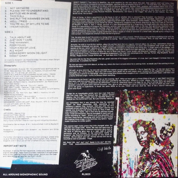 Image of Back Cover of LP - VG/G+ - SCREAMIN' JAY HAWKINS, Screamin' the Blues (Red Lightnin'; RL0025, UK 1982 Reissue), Light marks only,  - 3816241C