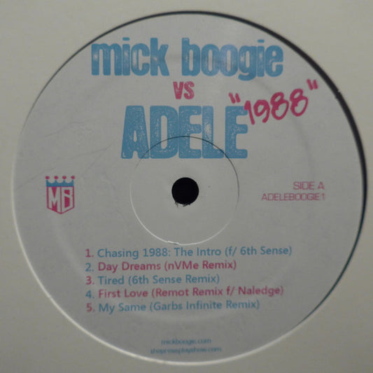 Image of Front Cover of LP - /VG - MICK BOOGIE VS ADELE, 1988 (; ADELEBOOGIE1, US 2009, Plain Sleeve), , A1 Chasing 1988: The IntroA2 Day Dreams (nVMe Remix)A3 Tired (6th Sense Remix)A4 First Love (Remot Remix)Featuring   NaledgeA5 My Same (Garbs Infinite Remix)B1 Melt My Heart To Stone (Kickdrums Remix) Featuring   Big PoohB2 Cold Shoulder (Garbs Infinite Remix)B3 Right As Rain (nVMe Remix)B4Make You Feel My Love (Remot Remix) - 3826294E