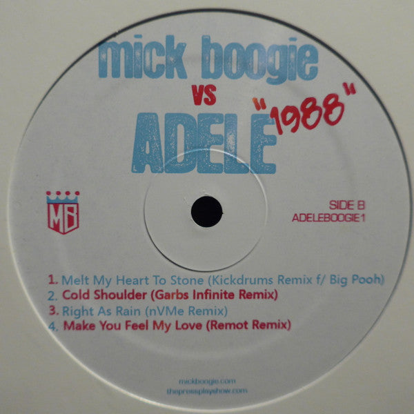 Image of Back Cover of LP - /VG - MICK BOOGIE VS ADELE, 1988 (; ADELEBOOGIE1, US 2009, Plain Sleeve), , A1 Chasing 1988: The IntroA2 Day Dreams (nVMe Remix)A3 Tired (6th Sense Remix)A4 First Love (Remot Remix)Featuring   NaledgeA5 My Same (Garbs Infinite Remix)B1 Melt My Heart To Stone (Kickdrums Remix) Featuring   Big PoohB2 Cold Shoulder (Garbs Infinite Remix)B3 Right As Rain (nVMe Remix)B4Make You Feel My Love (Remot Remix) - 3826294E