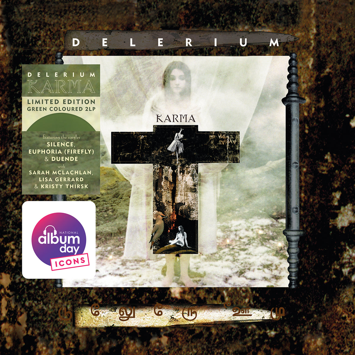 Image of Front Cover of 2xLP - NEW/NEW - DELERIUM, Karma (Nettwerk; , UK 2026 Reissue), , National Album Day exclusive coloured pressing - Delerium’s Karma is a landmark electronic album that fuses ambient soundscapes, global influences and ethereal vocals into a richly textured, immersive experience. Crafted over a year with contributions from Sarah McLachlan, Lisa Gerrard and Kristy Thirsk, the record captures Bill Leeb and Rhys Fulber at their creative peak - balancing intricate production, organic instr