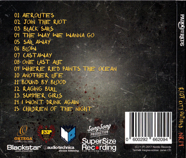 Image of Back Cover of CD - VG+/VG+ - PADDY AND THE RATS, Riot City Outlaws (Nordic Records; NR14, Hungary 2017, Digipak, Booklet), ,  - 3836011E