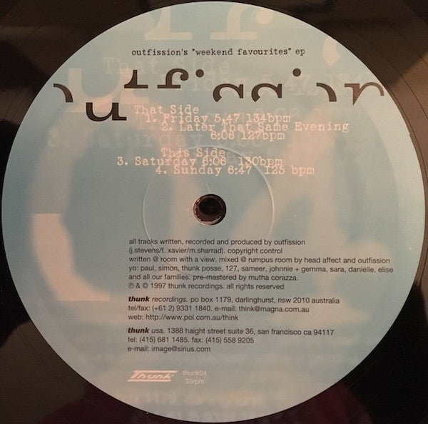 Image of Front Cover of 12" - /VG - OUTFISSION, Weekend Favourites EP (Thunk ; thunk04, Australia 1997), few light marks and scuffs. pen on label,  - 3846323S