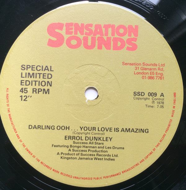 Image of Front Cover of 12" - G/VG - ERROL DUNKLEY, Darling Ooh...Your Love Is Amazing /You're Gonna Need Me (Sensation Sounds ; SSD 009, UK 1978), VG Copy.Light Hairlines,  - 3826325E