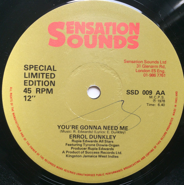 Image of Back Cover of 12" - G/VG - ERROL DUNKLEY, Darling Ooh...Your Love Is Amazing /You're Gonna Need Me (Sensation Sounds ; SSD 009, UK 1978), VG Copy.Light Hairlines,  - 3826325E