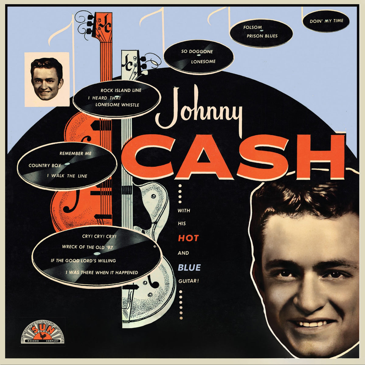 Image of Front Cover of LP - NEW/NEW - JOHNNY CASH, With His Hot & Blue Guitar (Sun Records; SUN8046, UK 2026 Reissue, Baby Blue Vinyl), , Debut studio album by country legend Johnny Cash. Includes some of his most famous hits "I Walk The Line" and "Folsom Prison Blues." Album will lead into Sun 75th Anniversary celebrations in 2027. - 9415923C