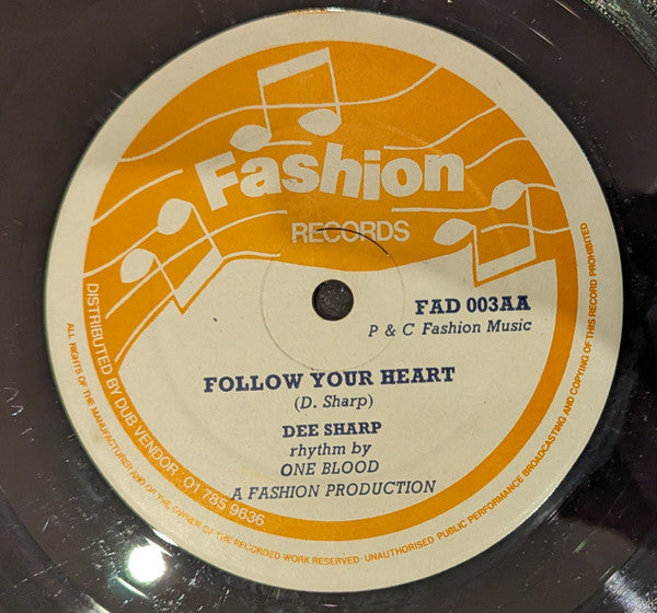 Image of Back Cover of 12" - VG/VG - DEE SHARP, Swing And Dine / Follow Your Heart (Fashion Records; FAD 003, UK 1981), Writing On Sleeve. Light hairlines On Vinyl,  - 3826326E
