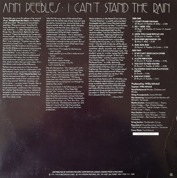 Image of Back Cover of LP - VG/VG - ANN PEEBLES, I Can't Stand The Rain (Motown; 5288ML, US 1982 Reissue), Strong VG with hairline marks only. Company sticker on sleeve.,  - 3846312S