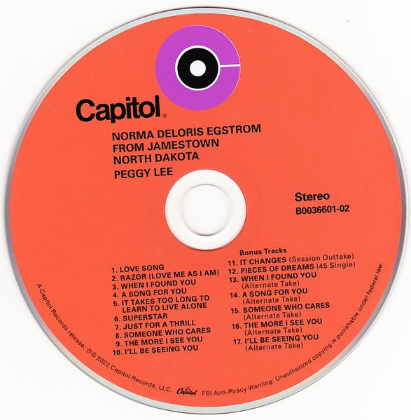Image of Label Cover of CD - VG+/VG+ - PEGGY LEE, Norma Deloris Egstrom From Jamestown North Dakota (Capitol Records; B0036601-02, US 2022, Jewel Case), ,  - 3816601C