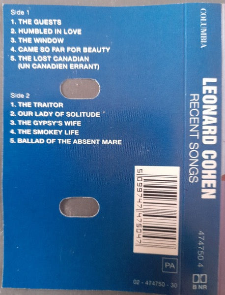 Image of Back Cover of Cassette - VG+/VG+ - LEONARD COHEN, Recent Songs (Columbia; 474750 4, Europe Reissue), ,  - 3816605C