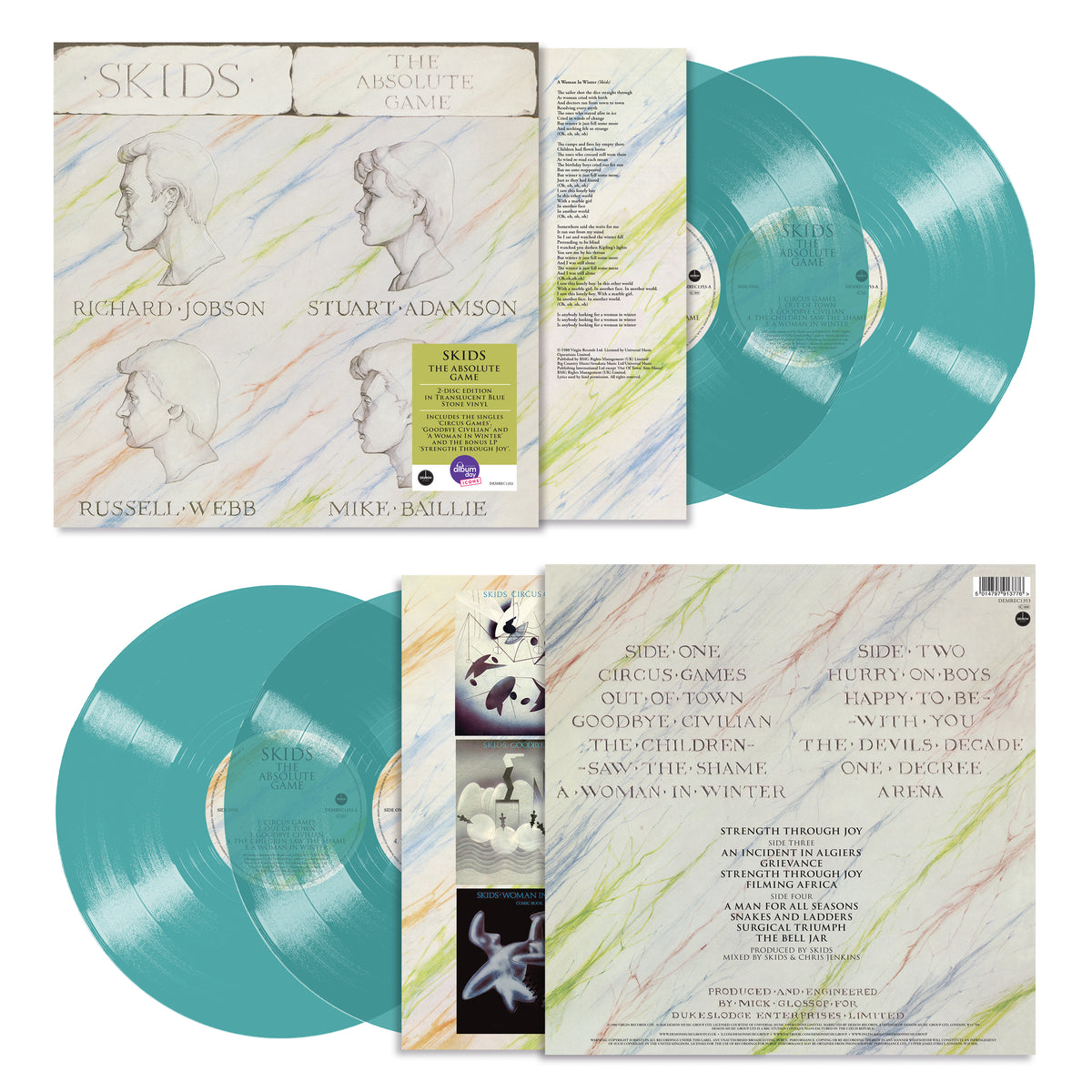 Image of Front Cover of 2xLP - NEW/NEW - SKIDS, The Absolute Game (45th Anniversary) (Demon Records; DEMREC1353, UK 2026 Reissue, Inner, Blue Stone Translucent Vinyl), , Truly one of the greatest British bands to come out of the 1976 / 1977 musical rupture that was Punk, Dunfermline's Skids went on to demonstrate they had so much more to them than many of their contemporaries. Always a tight and powerful musical powerhouse they enjoyed a string of classic chart hits between 1978 and 1979 (‘Into The Valley’,