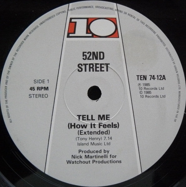Image of Label Cover of 12" - VG/G+ - 52ND STREET, Tell Me (How It Feels) (10 Records; TEN 74-12, UK 1985, Company Sleeve), Small writing on back of sleeve and light ring wears on vinyl.,  - 3846315S