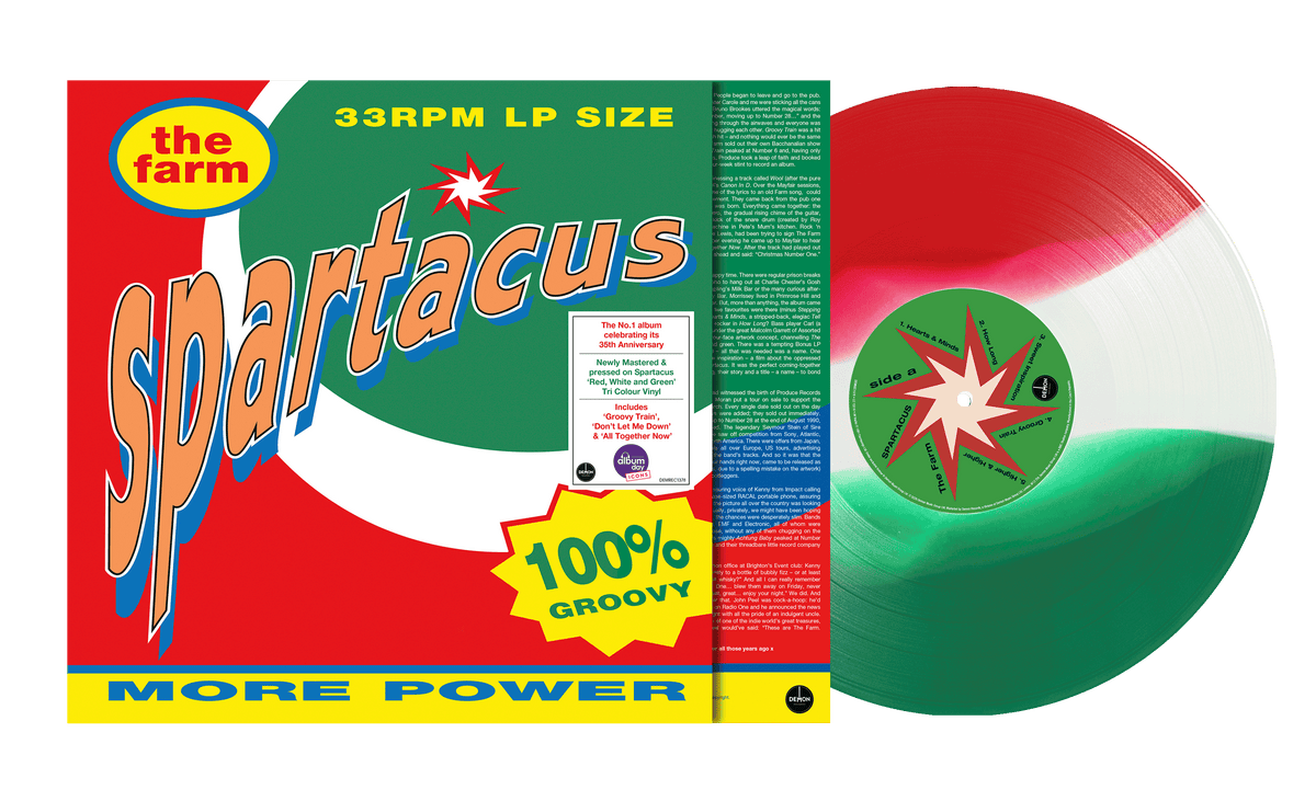 Image of Front Cover of LP - NEW/NEW - THE FARM, Spartacus ( 35th Anniversary) (Demon Records; DEMREC1378, UK 2026 Reissue, Inner, Red, White and Green Tri Colour Vinyl), , Exclusively reissued on ‘Spartacus’ Red, White and Green Tri Colour vinyl for the first time since it’s original release in 1991 and for the first time on colour vinyl - featuring brand new sleeve notes written by author Kevin Sampson, The Farm’s former manager To celebrate National Album Day and the 2026 theme of ‘Icons’, Demon Records 
