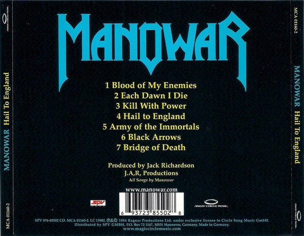 Image of Back Cover of CD - VG+/VG+ - MANOWAR, Hail To England (Magic Circle Music; MCA 01160-2, Germany 2005 Reissue, Jewel Case), ,  - 3816621C