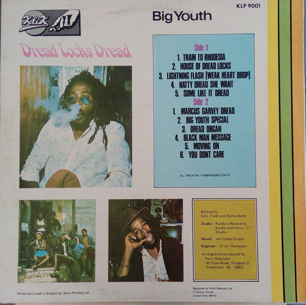 Image of Back Cover of LP - VG/VG - BIG YOUTH, Dread Locks Dread (Klik; KLP 9001, UK 1976), Some light hairlines. Writing on Sleeve & slight ringwear,  - 3826349E