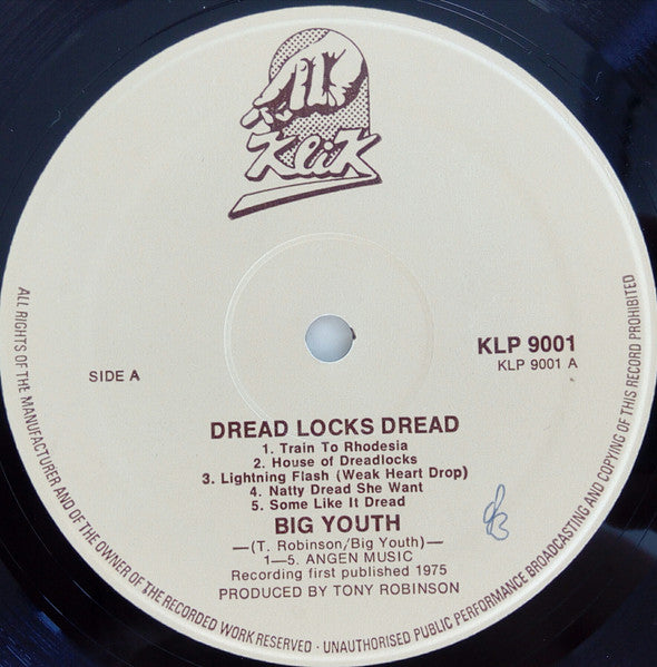 Image of Label Cover of LP - VG/VG - BIG YOUTH, Dread Locks Dread (Klik; KLP 9001, UK 1976), Some light hairlines. Writing on Sleeve & slight ringwear,  - 3826349E