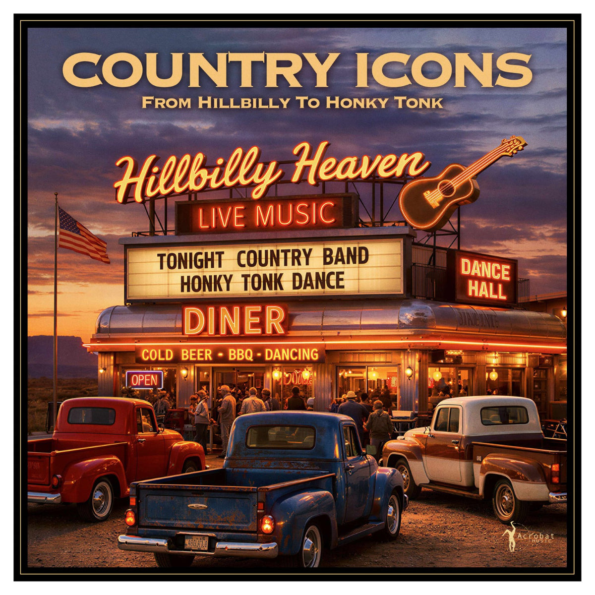 Image of Front Cover of LP - NEW/NEW - VARIOUS ARTISTS, Country Icons: From Hillbilly to Honky Tonk (Acrobat; ACRSLP1726, UK 2026 Reissue, 180g Sunburst Colour Vinyl), , Celebrating National Album Day 2026, 'Country Icons: From Hillbilly To Honky Tonk' offers an essential overview documenting the magnificent evolution of country music from rural mountain roots to a global popular culture phenomenon. Across fourteen landmark recordings, this collection captures the pivotal era where traditional folk tales, A