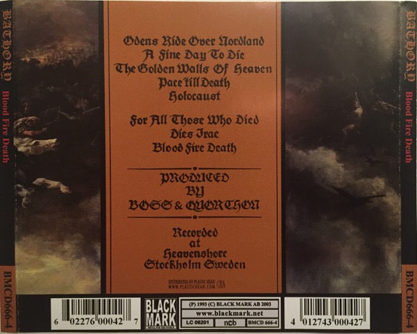 Image of Back Cover of CD - VG+/VG+ - BATHORY, Blood Fire Death (Black Mark; BMCD666-4, UK 2010 Reissue, Jewel Case), ,  - 3916002C