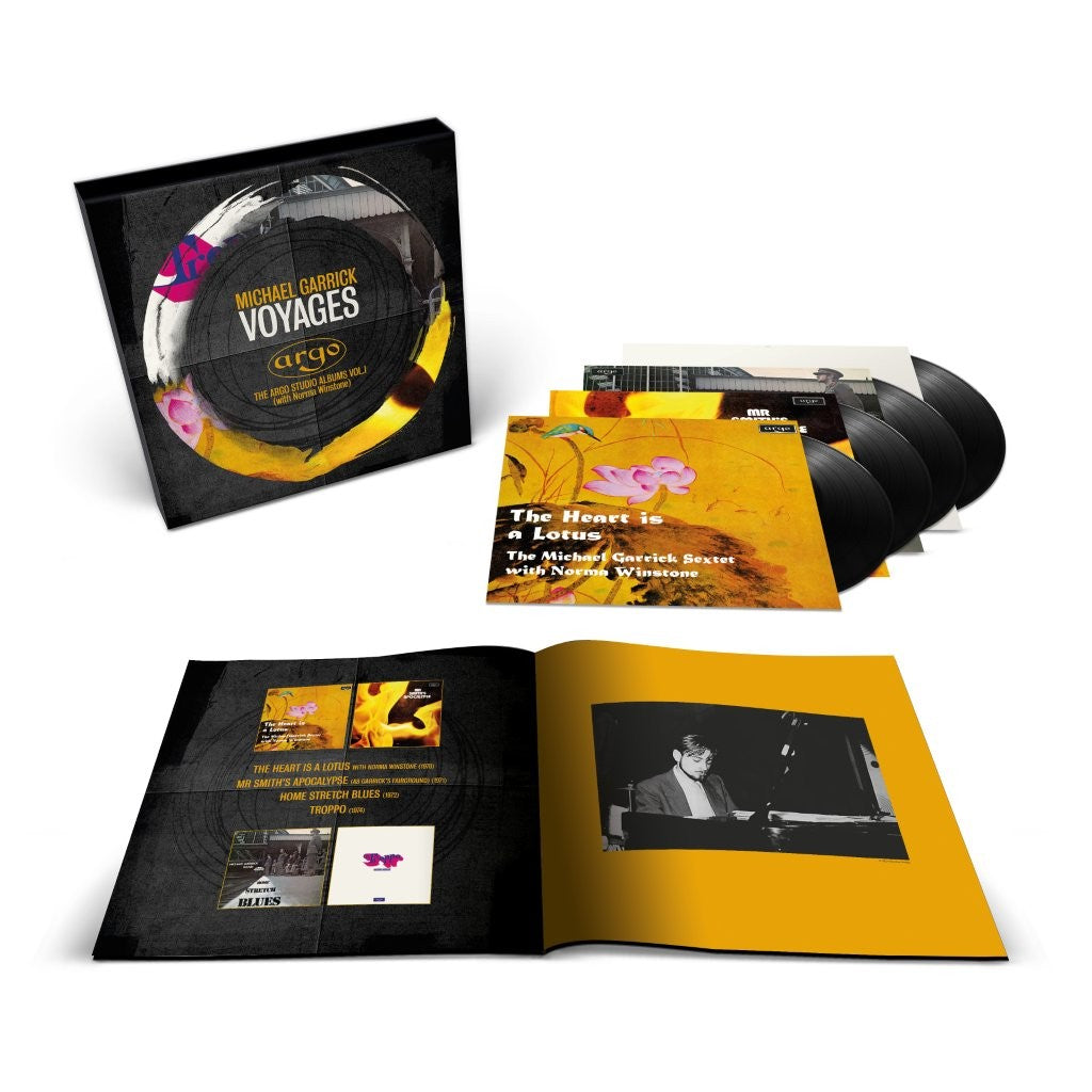 Image of Back Cover of 4xLP - NEW/NEW - MICHAEL GARRICK, Voyages - The Argo Studio Albums Vol. I (with Norma Winstone) (Fontana; 5501163, UK 2026), , Originally released on the Argo Records imprint, each album in this limited edition 4-LP set is reissued on vinyl for the very first time. Remastering is all-analogue, direct from the original stereo master tapes at Abbey Road. The edition, marking the 15th anniversary of Garrick’s passing in 2011, includes original album art, and is accompanied by a 20pp book