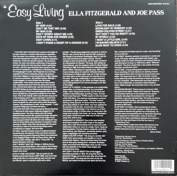 Image of Back Cover of LP - VG/VG+ - ELLA FITZGERALD AND JOE PASS, Easy Living (Pablo Records; 2310-921, US 1986), Promo stamp on sleeve rear. ,  - 3926001E