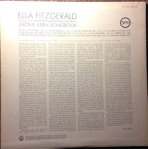 Image of Back Cover of LP - VG/VG - ELLA FITZGERALD, Ella Fitzgerald Sings The Jerome Kern Song Book (Verve Records; V6-4060, US 1963), ,  - 3926002E